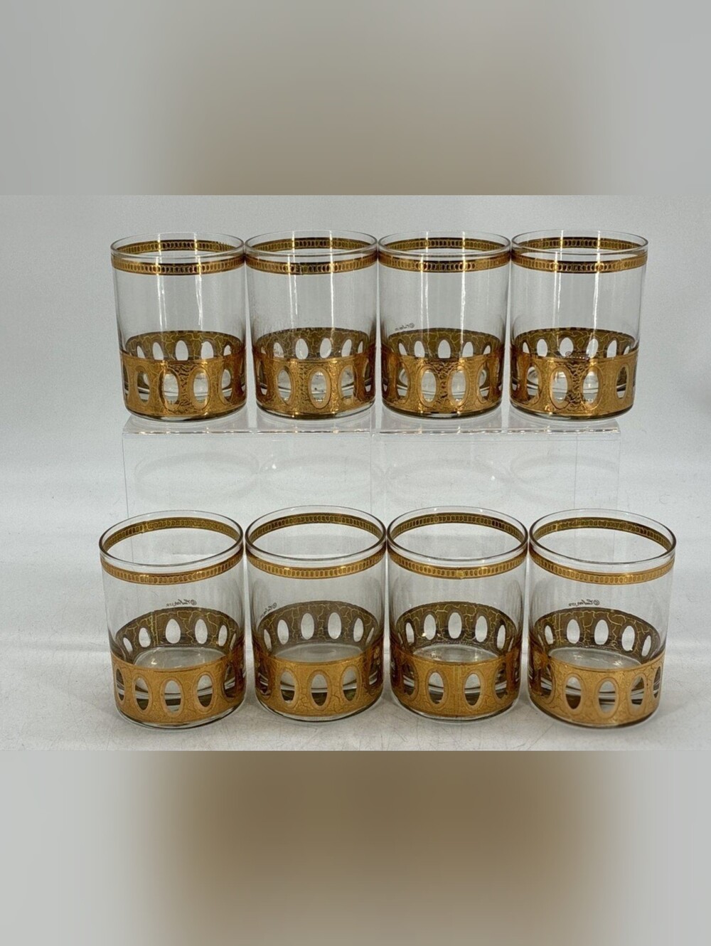 Vintage Culver Antigua 22K Gold Lowball Glasses - MCM Cut Out Oval Rocks - 8 PC